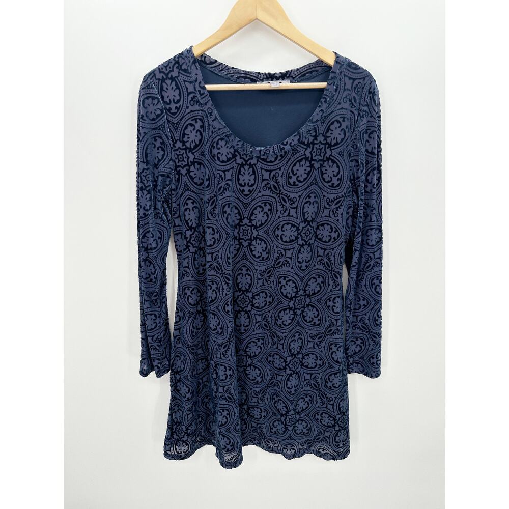 Hope & Harlow Dress Women Size 14 Blue Velvet Printed Long Sleeve Knee Length